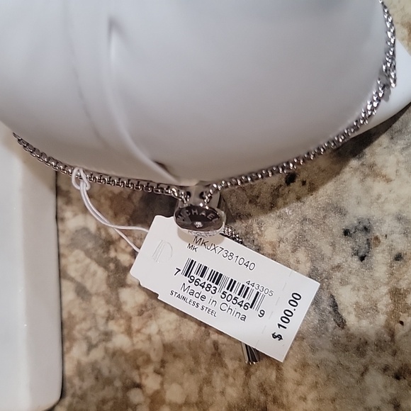 Michael Kors NWT Silver Tone Pave Padlock MK Logo Slider Bracelet - Picture 5 of 6